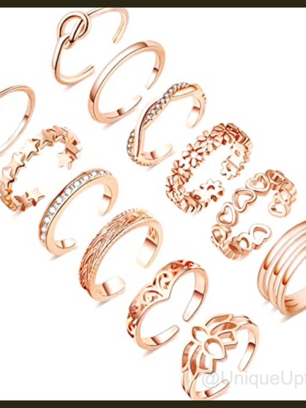 12Pc Gold Plated Copper Toe Rings Adjustable Non Tarnish Women Jewelry